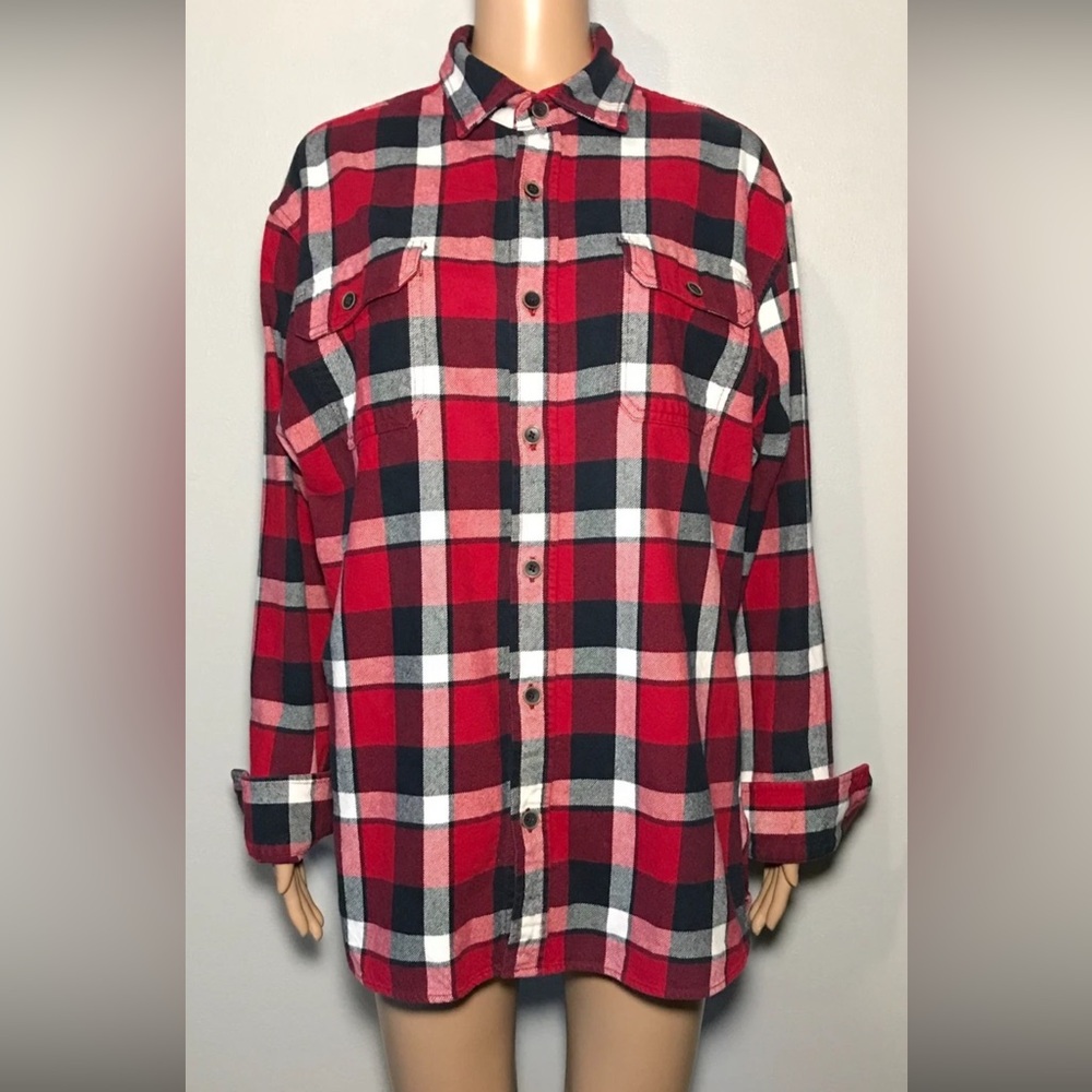 JACHS Men's Shirt Size L Plaid Flannel Collared Long Sleeve Pockets 100% Cotton